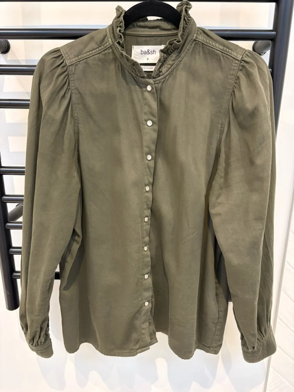 ba&sh Axelle olive Ruffle-Neck button front shirt - Picture 7 of 15